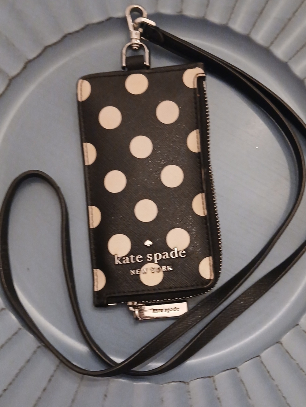 Kate Spade NEW YORK Black and Cream Polka Dot Card Case Lanyard